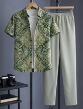 Premium Green Baroque Print Shirt with Relaxed Fit Solid Pants – Men’s Cord Set