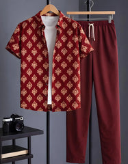 Maroon Baroque Motif Print Shirt with Relaxed Fit Solid Pants – Men’s Premium Cord Set