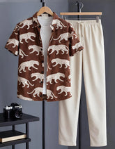Brown Panther Motif Print Shirt with Relaxed Fit Solid Pants – Men’s Premium Cord Set