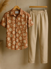 Retro Bloom Co-ord Set – Korean Fit Shirt with Minimal Beige Pants