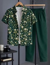 Emerald Green Floral Print Shirt with Relaxed Fit Solid Pants – Men’s Premium Cord Set