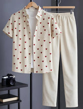 Cream Heart Print Shirt with Relaxed Fit Solid Pants – Men’s Premium Cord Set