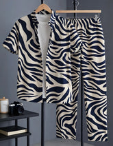 Ivory & Navy Zebra Wave Print Shirt with Relaxed Fit Matching Pants