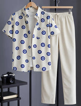 Cream Evil Eye Print Shirt with Relaxed Fit Solid Pants – Men’s Premium Cord Set