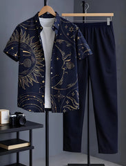 Midnight Blue Celestial Sun & Moon Print Shirt with Relaxed Fit Solid Pants