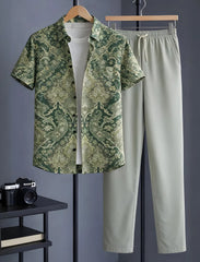 Premium Green Baroque Print Shirt with Relaxed Fit Solid Pants – Men’s Cord Set