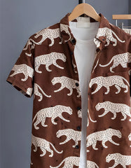 Brown Panther Motif Print Shirt with Relaxed Fit Solid Pants – Men’s Premium Cord Set