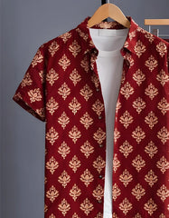 Maroon Baroque Motif Print Shirt with Relaxed Fit Solid Pants – Men’s Premium Cord Set