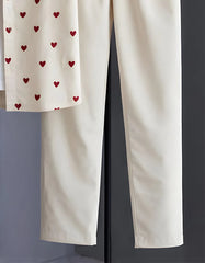 Cream Heart Print Shirt with Relaxed Fit Solid Pants – Men’s Premium Cord Set
