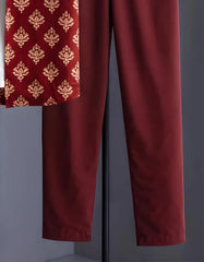Maroon Baroque Motif Print Shirt with Relaxed Fit Solid Pants – Men’s Premium Cord Set