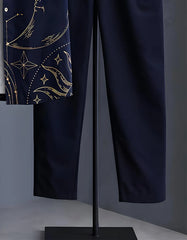 Midnight Blue Celestial Sun & Moon Print Shirt with Relaxed Fit Solid Pants