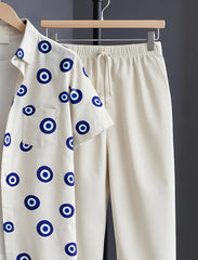 Cream Evil Eye Print Shirt with Relaxed Fit Solid Pants – Men’s Premium Cord Set