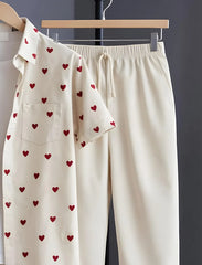 Cream Heart Print Shirt with Relaxed Fit Solid Pants – Men’s Premium Cord Set