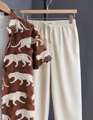 Brown Panther Motif Print Shirt with Relaxed Fit Solid Pants – Men’s Premium Cord Set