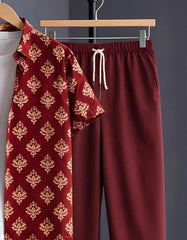 Maroon Baroque Motif Print Shirt with Relaxed Fit Solid Pants – Men’s Premium Cord Set