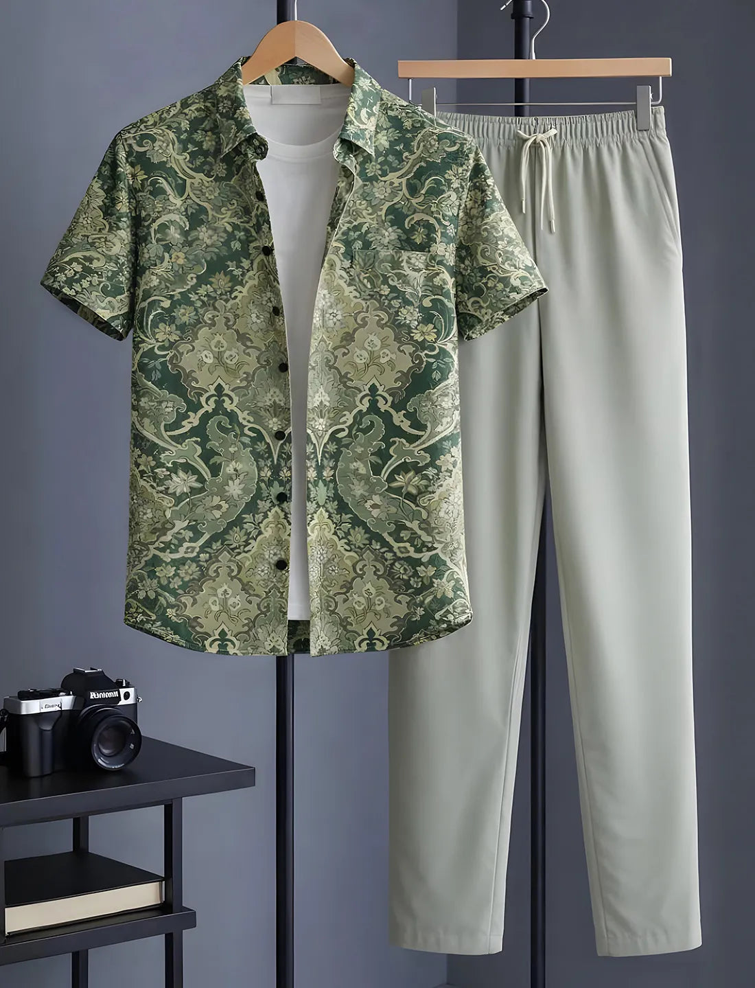 Premium Green Baroque Print Shirt with Relaxed Fit Solid Pants – Men’s Cord Set
