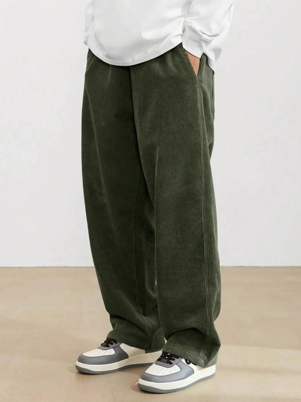Army Green Korean Casual Regular Fit Corduroy Trouser