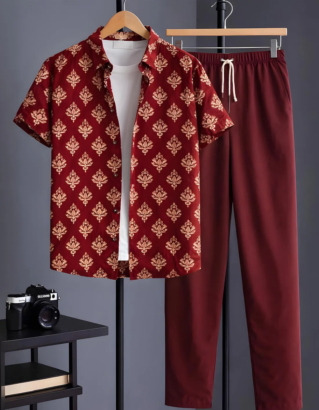 Maroon Baroque Motif Print Shirt with Relaxed Fit Solid Pants – Men’s Premium Cord Set