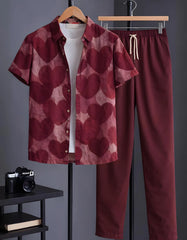 Wine Heart Print Shirt with Relaxed Fit Solid Pants – Men’s Premium Cord Set