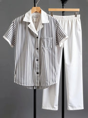 Korean Fit Co-ord Set – Pinstripe Shirt with Clean White Pants
