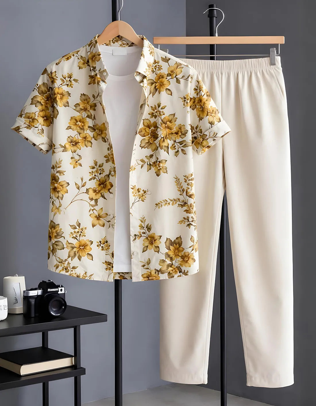 Ivory Gold Floral Print Shirt with Relaxed Fit Solid Pants – Men’s Premium Cord Set