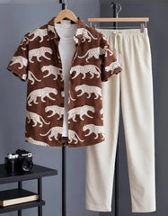 Brown Panther Motif Print Shirt with Relaxed Fit Solid Pants – Men’s Premium Cord Set