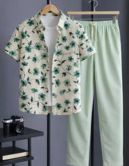 Mint Floral Print Shirt with Relaxed Fit Solid Pants – Men’s Premium Cord Set