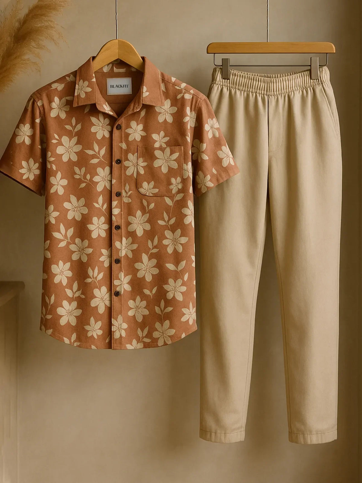 Retro Bloom Co-ord Set – Korean Fit Shirt with Minimal Beige Pants