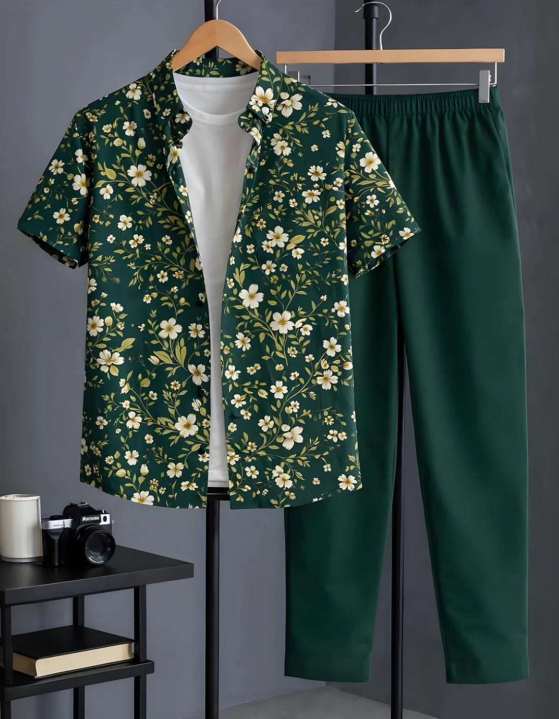 Emerald Green Floral Print Shirt with Relaxed Fit Solid Pants – Men’s Premium Cord Set