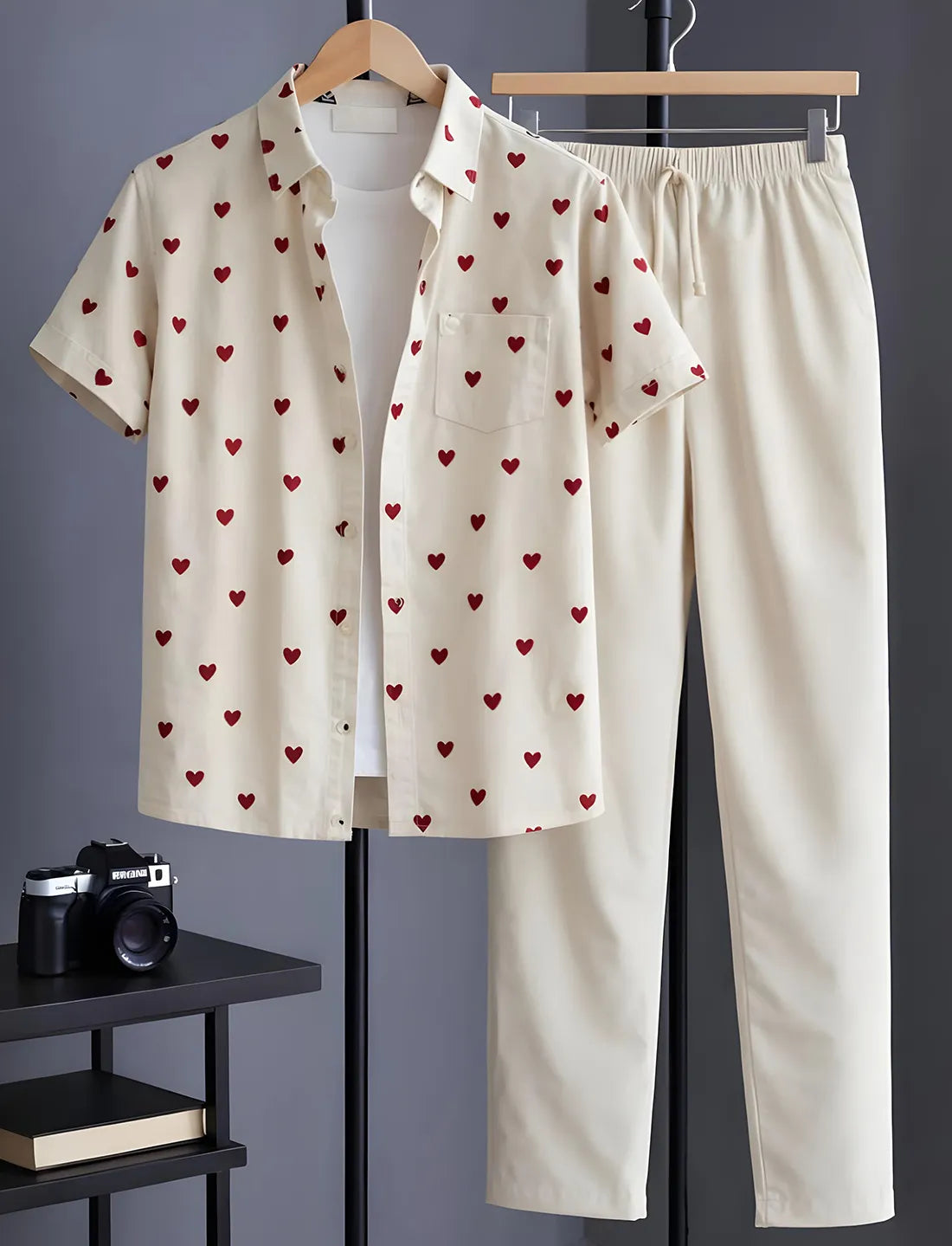Cream Heart Print Shirt with Relaxed Fit Solid Pants – Men’s Premium Cord Set