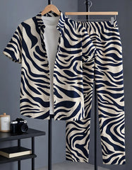 Ivory & Navy Zebra Wave Print Shirt with Relaxed Fit Matching Pants