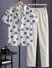 Cream Evil Eye Print Shirt with Relaxed Fit Solid Pants – Men’s Premium Cord Set