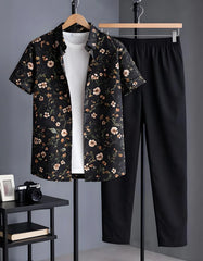 Beige Daisy Floral Print Shirt with Relaxed Fit Solid Pants – Men’s Premium Cord Set