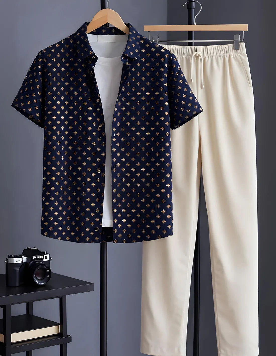 Navy Motif Print Shirt with Relaxed Fit Solid Pants – Men’s Premium Cord Set