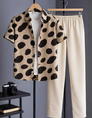 Beige Abstract Spot Print Shirt with Relaxed Fit Solid Pants – Men’s Premium Cord Set