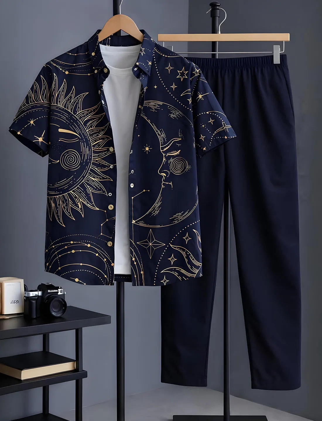 Midnight Blue Celestial Sun & Moon Print Shirt with Relaxed Fit Solid Pants
