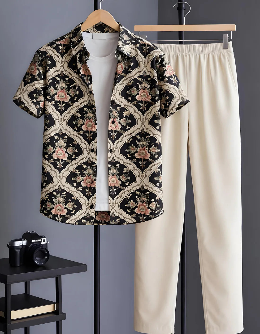 Black Floral Baroque Print Shirt with Relaxed Fit Solid Pants – Men’s Premium Cord Set