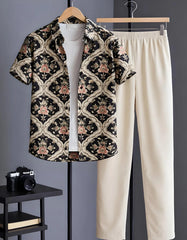 Black Floral Baroque Print Shirt with Relaxed Fit Solid Pants – Men’s Premium Cord Set