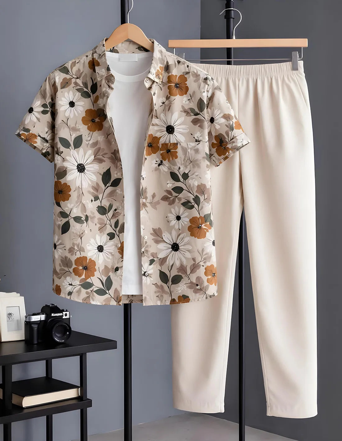 Beige Daisy Floral Print Shirt with Relaxed Fit Solid Pants – Men’s Premium Cord Set