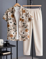 Beige Daisy Floral Print Shirt with Relaxed Fit Solid Pants – Men’s Premium Cord Set