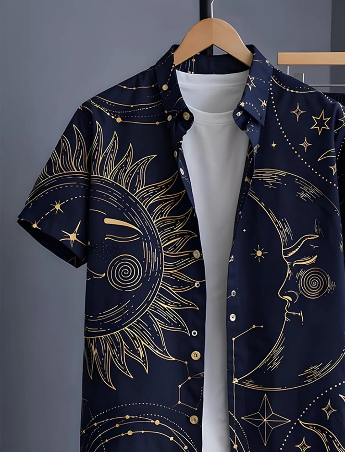 Midnight Blue Celestial Sun & Moon Print Shirt with Relaxed Fit Solid Pants