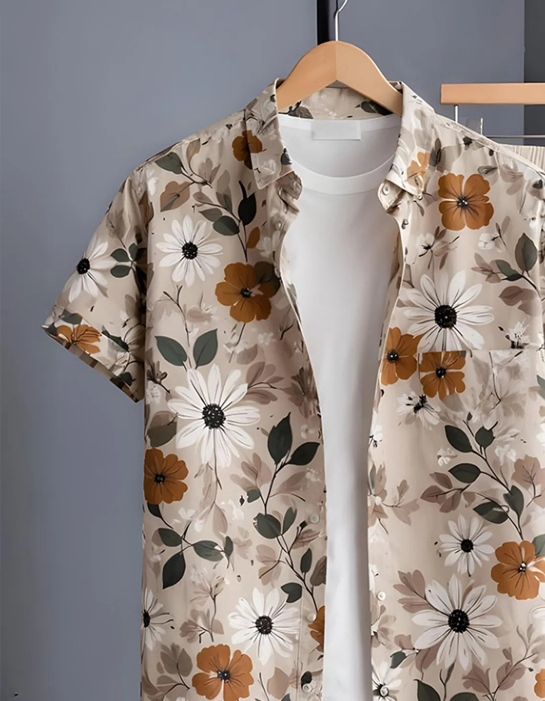 Beige Daisy Floral Print Shirt with Relaxed Fit Solid Pants – Men’s Premium Cord Set