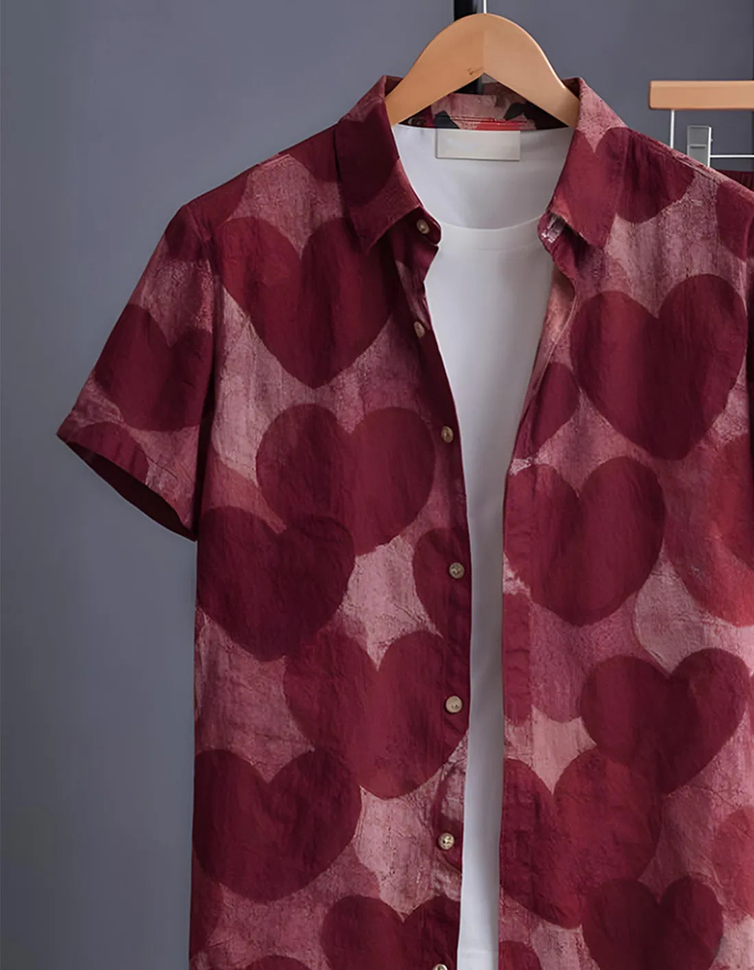 Wine Heart Print Shirt with Relaxed Fit Solid Pants – Men’s Premium Cord Set
