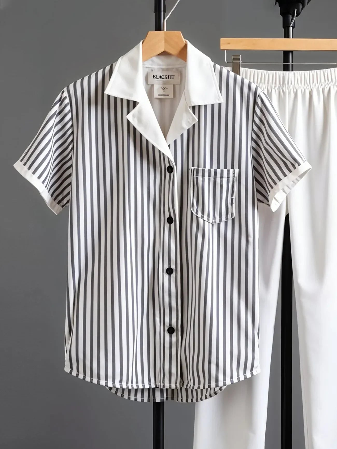 Korean Fit Co-ord Set – Pinstripe Shirt with Clean White Pants