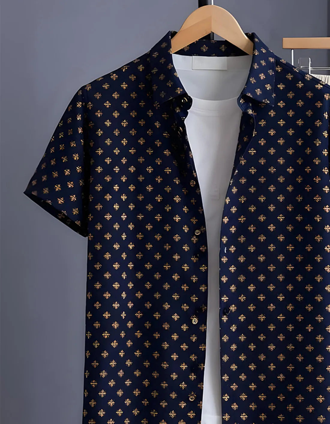 Navy Motif Print Shirt with Relaxed Fit Solid Pants – Men’s Premium Cord Set