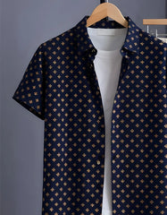 Navy Motif Print Shirt with Relaxed Fit Solid Pants – Men’s Premium Cord Set
