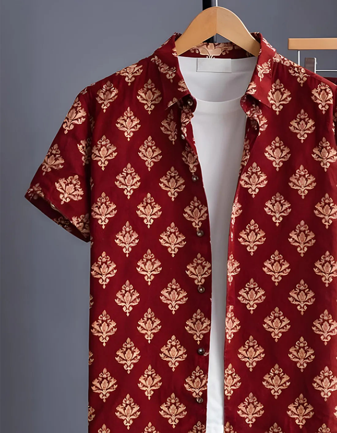 Maroon Baroque Motif Print Shirt with Relaxed Fit Solid Pants – Men’s Premium Cord Set