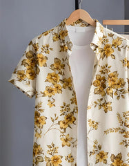 Ivory Gold Floral Print Shirt with Relaxed Fit Solid Pants – Men’s Premium Cord Set