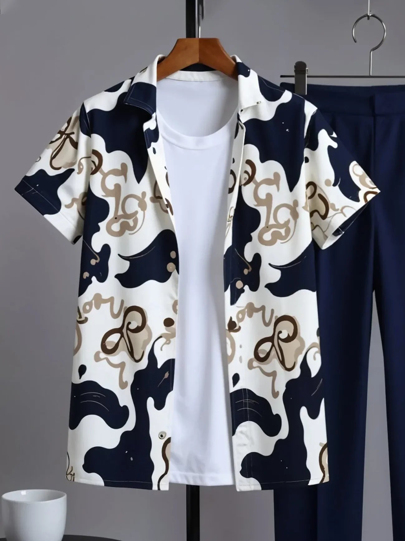 Korean Fit Co-ord – Artistic Graphic Shirt with Tailored Blue Trousers