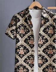 Black Floral Baroque Print Shirt with Relaxed Fit Solid Pants – Men’s Premium Cord Set